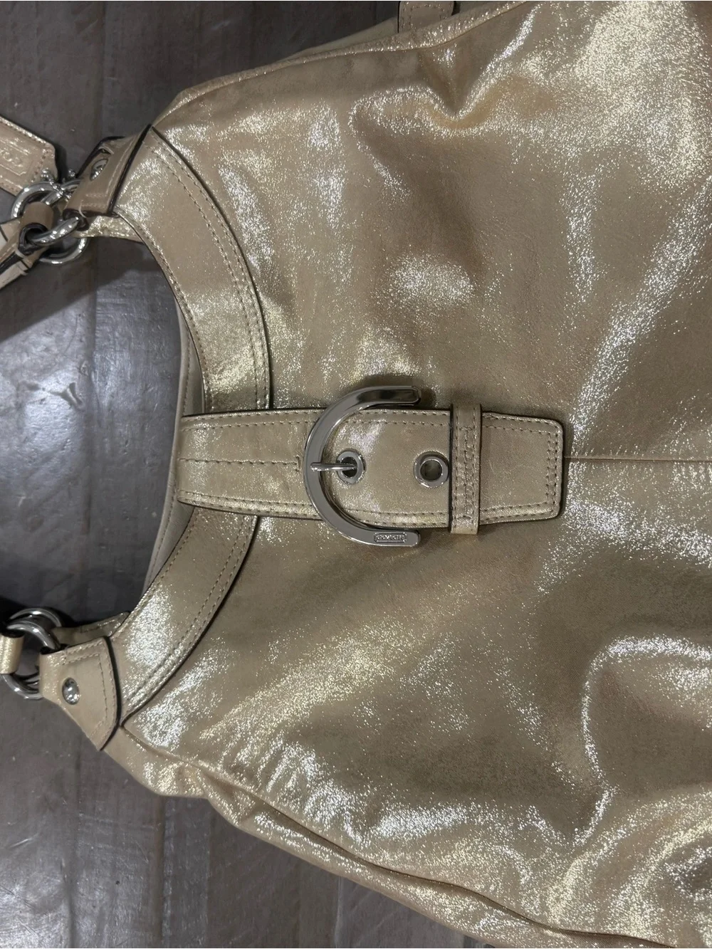 Coach Metallic Gold Leather Hobo Shoulder Bag Large Buckle Silver Hardware